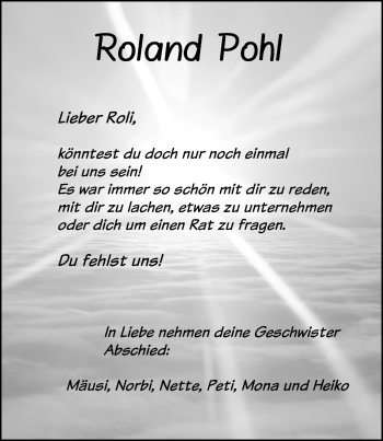 Traueranzeige von Roland Pohl von Ostsee-Zeitung GmbH