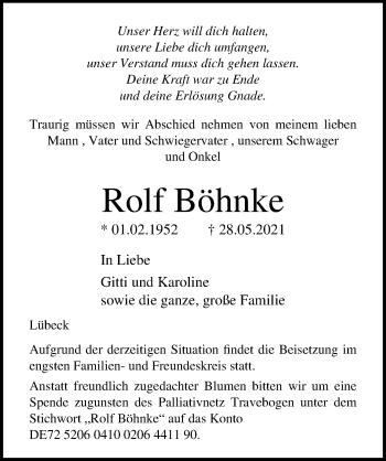 Traueranzeige von Rolf Böhnke von Lübecker Nachrichten
