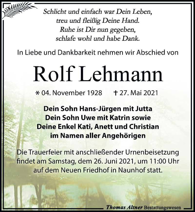  Traueranzeige für Rolf Lehmann vom 05.06.2021 aus Leipziger Volkszeitung