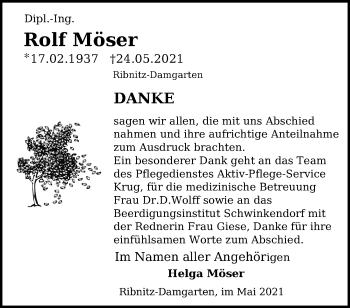 Traueranzeige von Rolf Möser von Ostsee-Zeitung GmbH