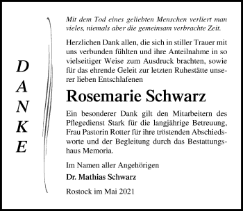 Traueranzeige von Rosemarie Schwarz von Ostsee-Zeitung GmbH