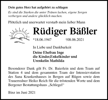 Traueranzeige von Rüdiger Bäßler von Ostsee-Zeitung GmbH