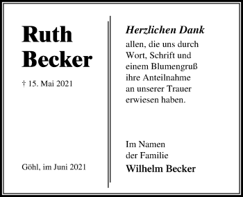 Traueranzeige von Ruth Becker von Lübecker Nachrichten