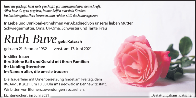  Traueranzeige für Ruth Buve vom 26.06.2021 aus Leipziger Volkszeitung