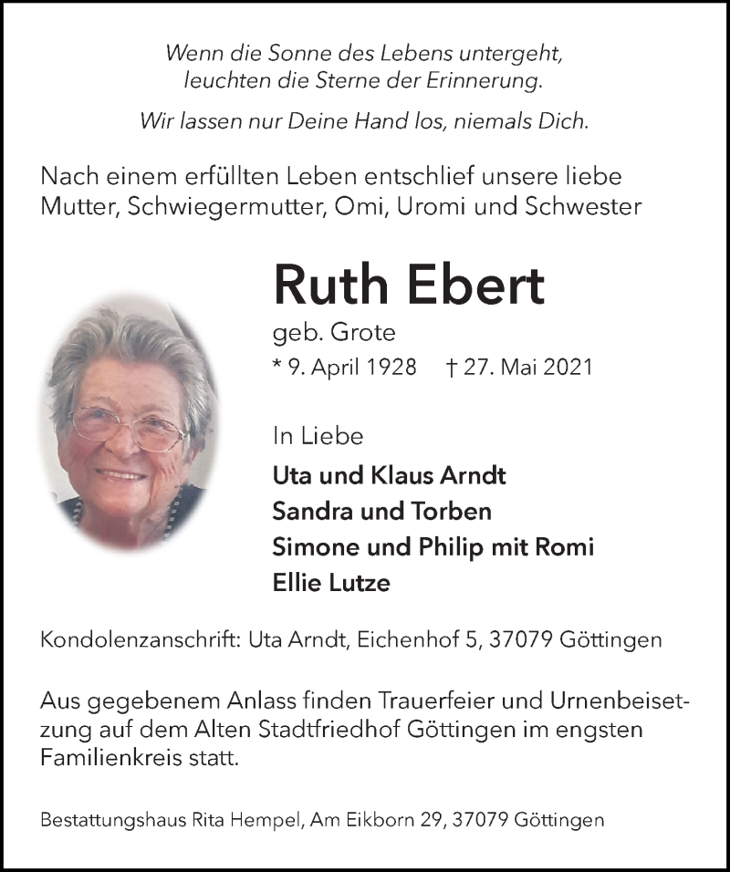  Traueranzeige für Ruth Ebert vom 05.06.2021 aus Göttinger Tageblatt