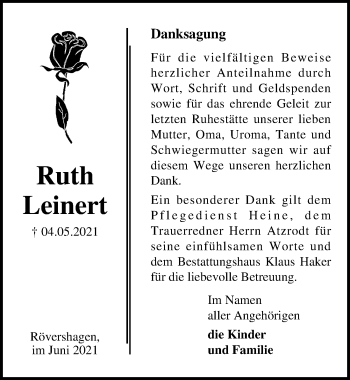 Traueranzeige von Ruth Leinert von Ostsee-Zeitung GmbH