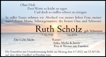 Traueranzeige von Ruth Scholz von Märkischen Allgemeine Zeitung