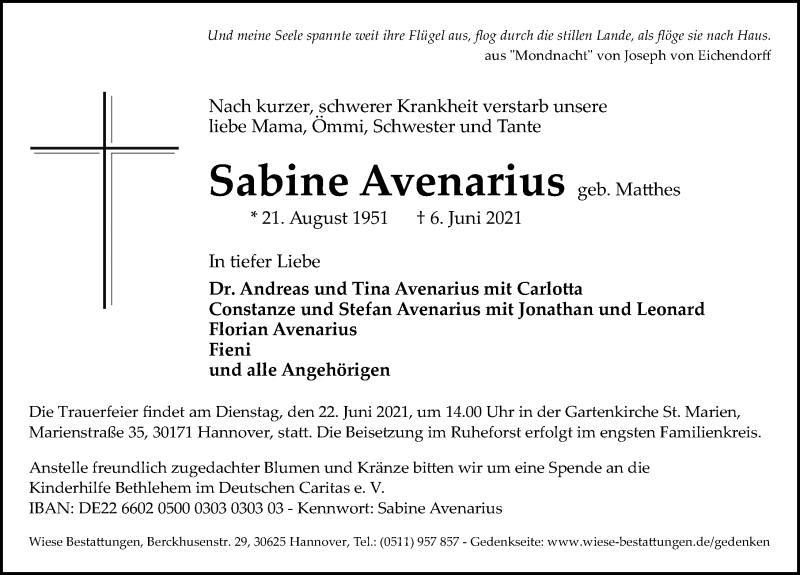  Traueranzeige für Sabine Avenarius vom 12.06.2021 aus Hannoversche Allgemeine Zeitung/Neue Presse