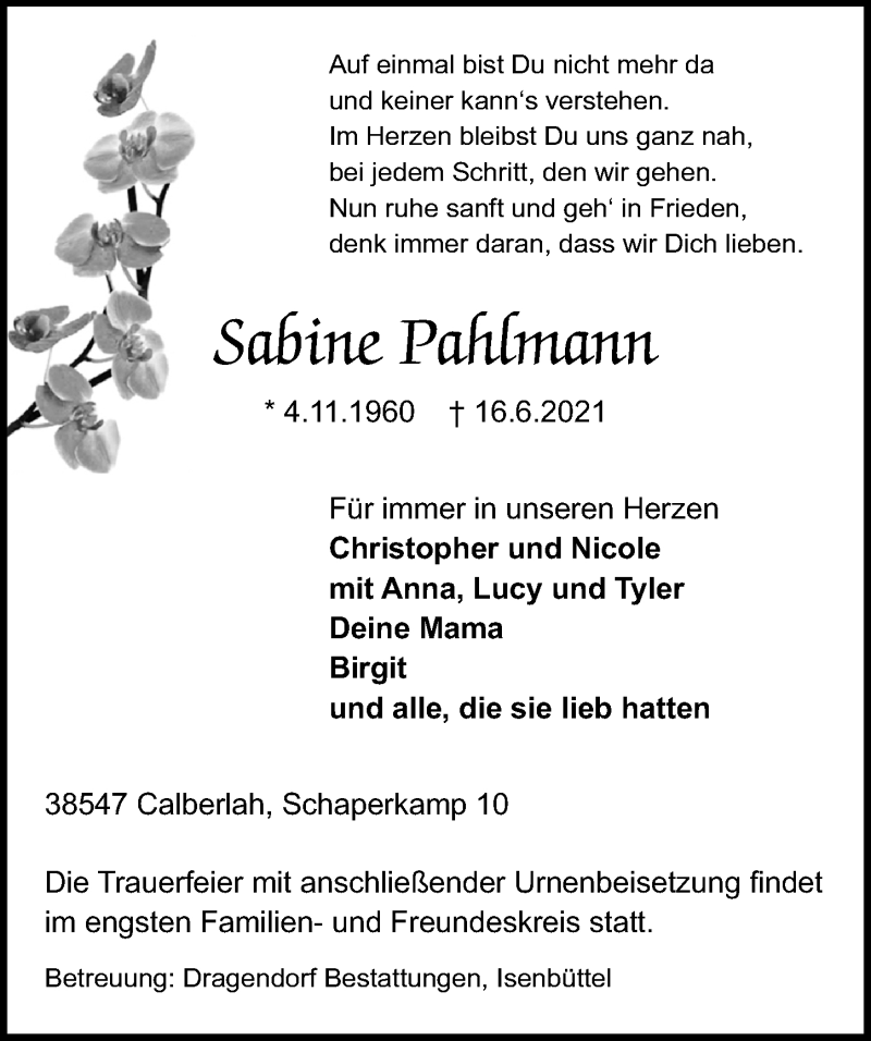  Traueranzeige für Sabine Pahlmann vom 19.06.2021 aus Aller Zeitung