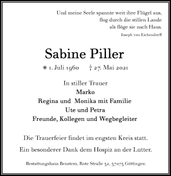 Traueranzeige von Sabine Piller von Göttinger Tageblatt