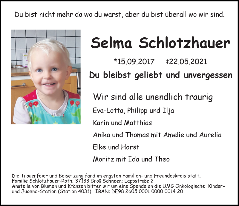  Traueranzeige für Selma Schlotzhauer vom 05.06.2021 aus Göttinger Tageblatt