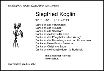 Traueranzeige von Siegfried Koglin von Ostsee-Zeitung GmbH
