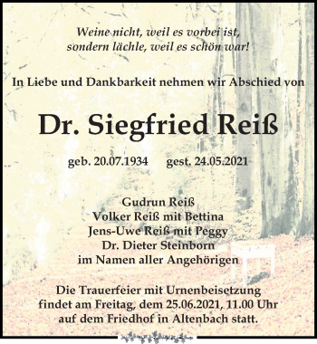 Traueranzeige von Siegfried Reiß von Leipziger Volkszeitung