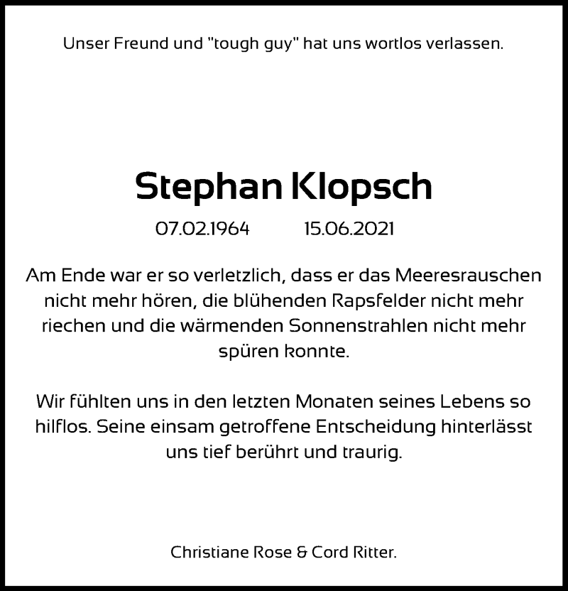  Traueranzeige für Stephan Klopsch vom 26.06.2021 aus Kieler Nachrichten