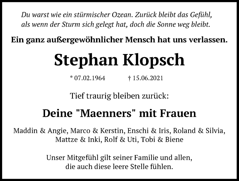  Traueranzeige für Stephan Klopsch vom 26.06.2021 aus Kieler Nachrichten