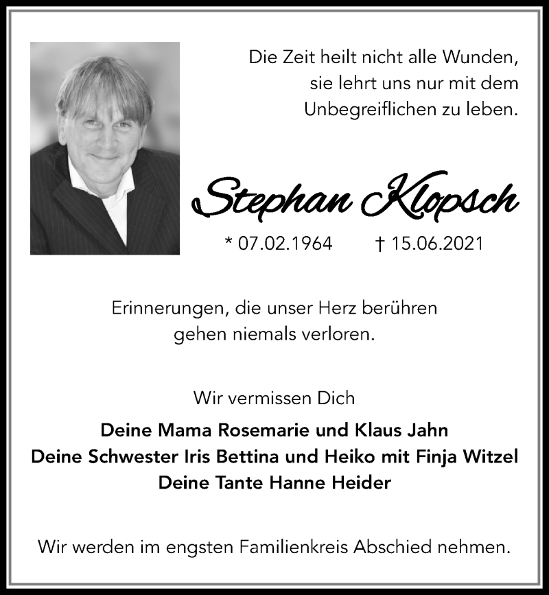  Traueranzeige für Stephan Klopsch vom 19.06.2021 aus Kieler Nachrichten