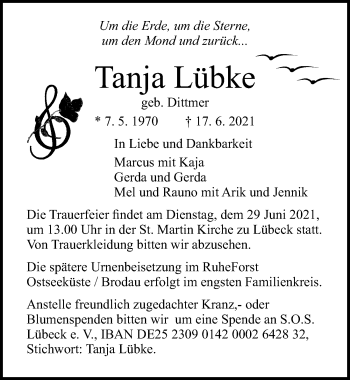 Traueranzeige von Tanja Lübke von Lübecker Nachrichten