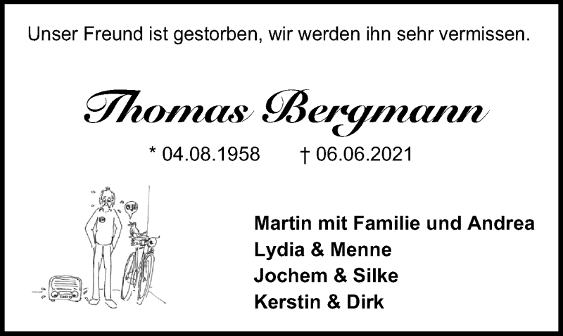  Traueranzeige für Thomas Bergmann vom 12.06.2021 aus Hannoversche Allgemeine Zeitung/Neue Presse