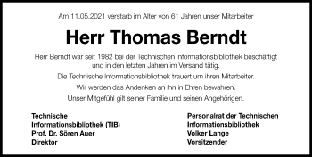 Traueranzeige von Thomas Berndt von Hannoversche Allgemeine Zeitung/Neue Presse
