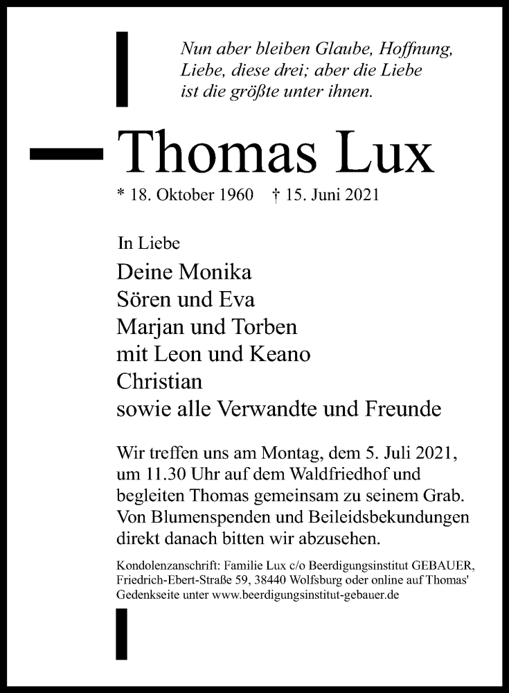  Traueranzeige für Thomas Lux vom 19.06.2021 aus Aller Zeitung