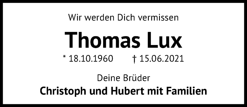  Traueranzeige für Thomas Lux vom 22.06.2021 aus Aller Zeitung