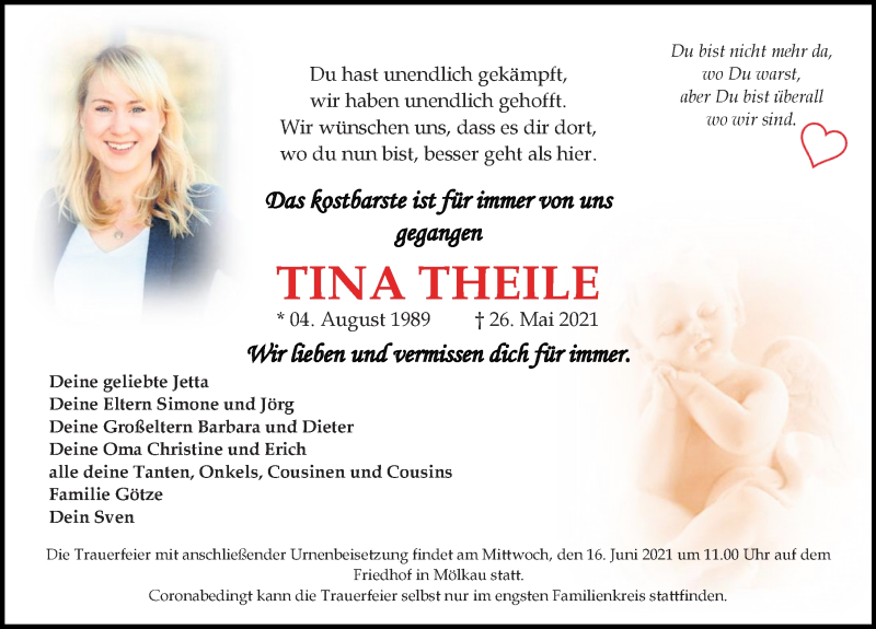  Traueranzeige für Tina Theile vom 05.06.2021 aus Leipziger Volkszeitung