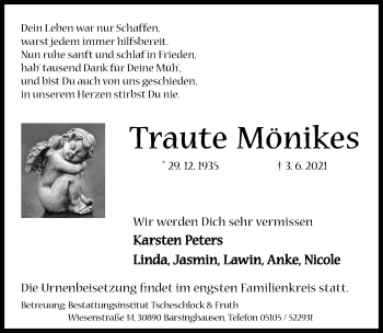 Traueranzeige von Traute Mönikes von Hannoversche Allgemeine Zeitung/Neue Presse