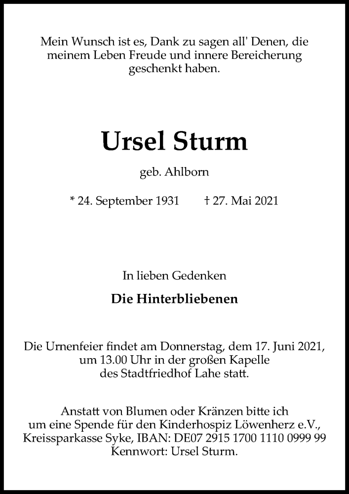  Traueranzeige für Ursel Sturm vom 05.06.2021 aus Hannoversche Allgemeine Zeitung/Neue Presse