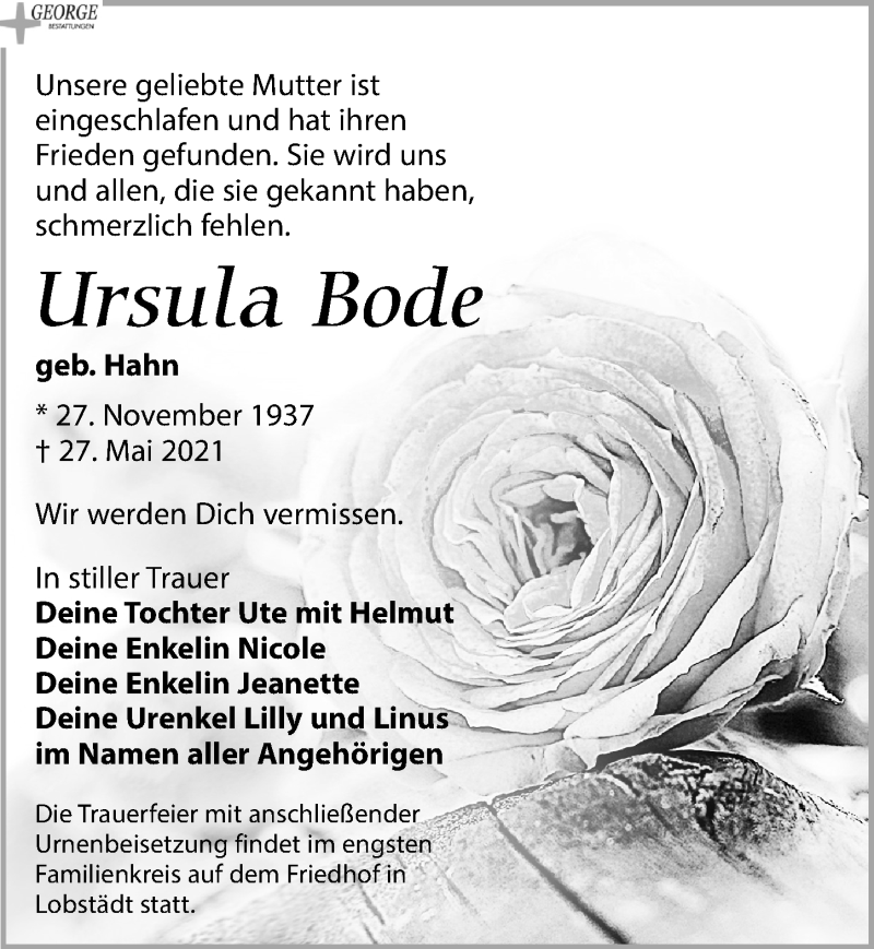  Traueranzeige für Ursula Bode vom 05.06.2021 aus Leipziger Volkszeitung