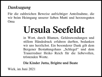 Traueranzeige von Ursula Seefeldt von Ostsee-Zeitung GmbH