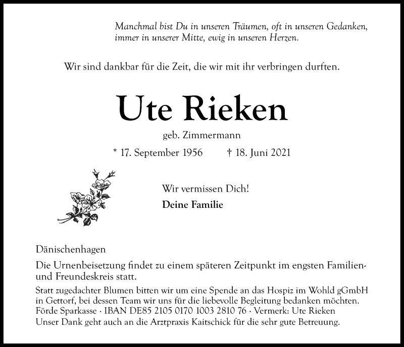  Traueranzeige für Ute Rieken vom 26.06.2021 aus Kieler Nachrichten