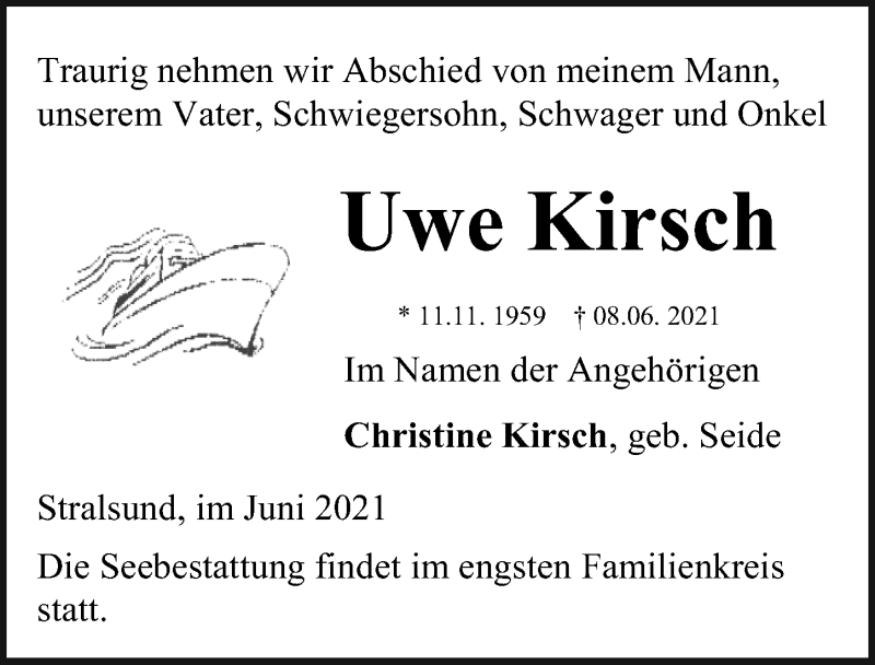  Traueranzeige für Uwe Kirsch vom 19.06.2021 aus Ostsee-Zeitung GmbH
