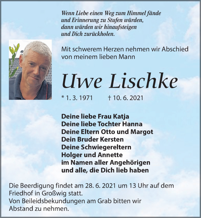  Traueranzeige für Uwe Lischke vom 19.06.2021 aus Torgauer Zeitung