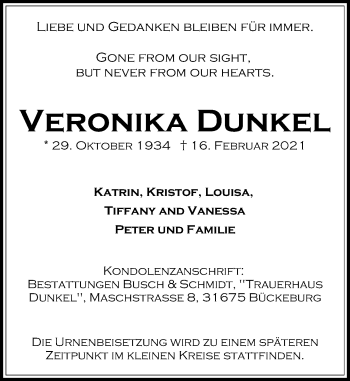 Traueranzeige von Veronika Dunkel von Schaumburger Nachrichten