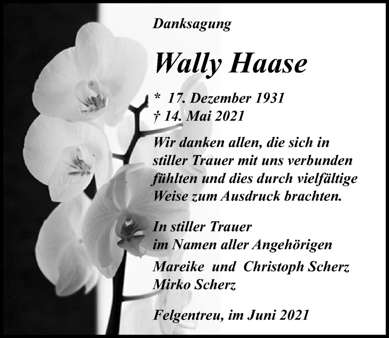  Traueranzeige für Wally Haase vom 26.06.2021 aus Märkischen Allgemeine Zeitung