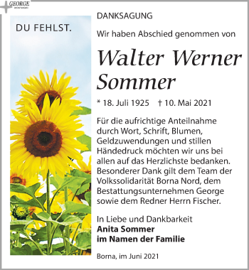 Traueranzeige von Walter Werner Sommer von Leipziger Volkszeitung