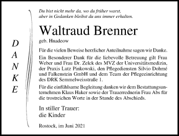 Traueranzeige von Waltraud Brenner von Ostsee-Zeitung GmbH