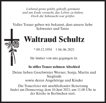 Traueranzeige von Waltraud Schultz von Märkischen Allgemeine Zeitung