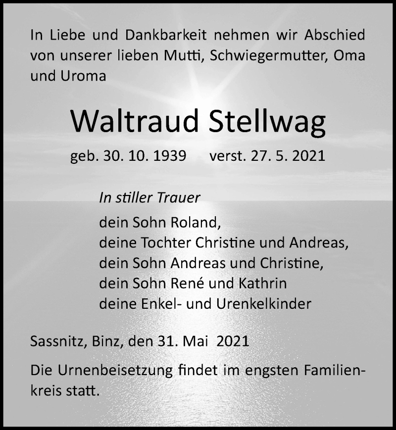  Traueranzeige für Waltraud Stellwag vom 05.06.2021 aus Ostsee-Zeitung GmbH