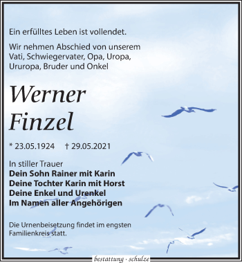 Traueranzeige von Werner Finzel von Leipziger Volkszeitung
