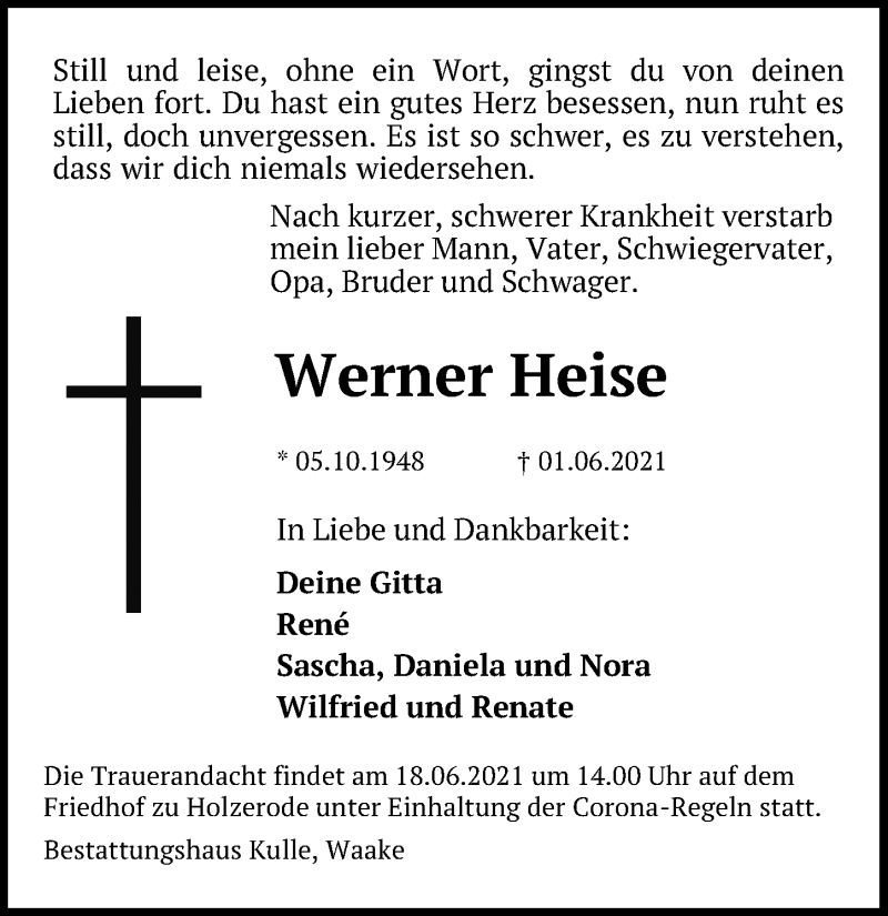  Traueranzeige für Werner Heise vom 12.06.2021 aus Göttinger Tageblatt