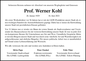 Traueranzeige von Werner Kohl von Märkischen Allgemeine Zeitung