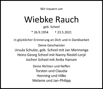 Traueranzeige von Wiebke Rauch von Lübecker Nachrichten