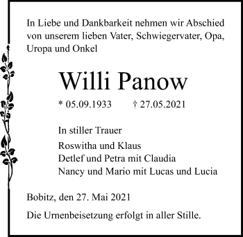Traueranzeige von Willi Panow von Ostsee-Zeitung GmbH
