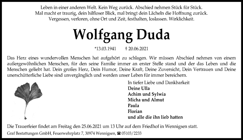  Traueranzeige für Wolfgang Duda vom 23.06.2021 aus Hannoversche Allgemeine Zeitung/Neue Presse
