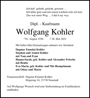 Traueranzeige von Wolfgang Kohler von Lübecker Nachrichten