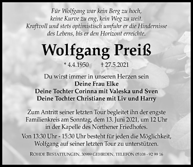  Traueranzeige für Wolfgang Preiß vom 05.06.2021 aus Hannoversche Allgemeine Zeitung/Neue Presse