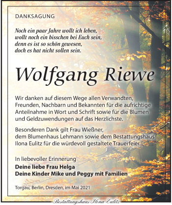 Traueranzeige von Wolfgang Riewe