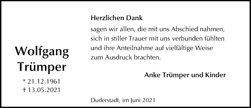  Traueranzeige für Wolfgang Trümper vom 12.06.2021 aus Eichsfelder Tageblatt