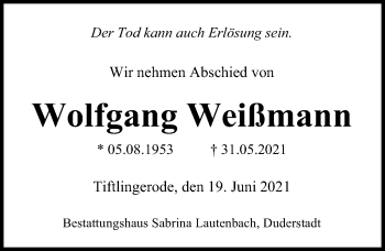 Traueranzeige von Wolfgang Weißmann von Eichsfelder Tageblatt